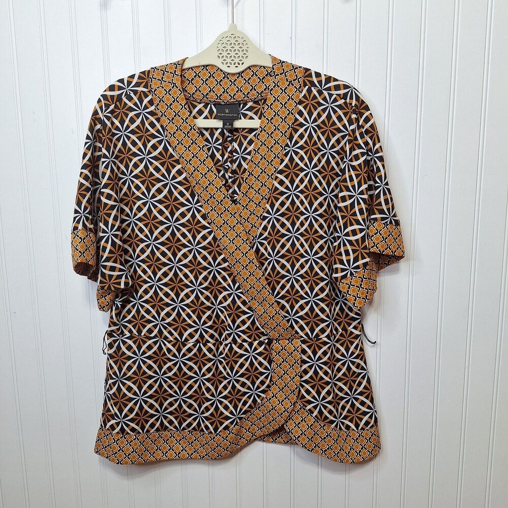 Worthington Career Top Blouse Women's Size M Black White Gold Missing Belt